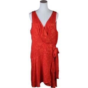 Premier Amour Orange Jacquard Faux Wrap Dress Size 16 Floral Tie Waist V-Neck
